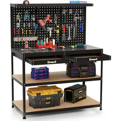 Costway - tabli Atelier Garage avec Étagères Tiroirs 3 Panneaux Perforés, Table de Travail Cadre en Métal avec 24 Accessoires de Suspension pour