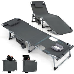 Costway - Bain de Soleil en Aluminium avec Dossier Réglable, Chaise Longue Pliante avec Oreiller Amovible et Trou pour Visage, Transat avec Poche