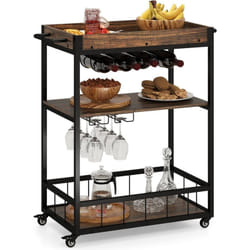 Chariot de Bar, Chariot de Service de Cuisine avec Plateau Amovible, Casier à Vin et Porte-Verres, à 3 Niveaux sur roulettes, Desserte de Style