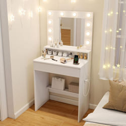 Costway - Coiffeuse avec Miroir et Lumières, Coiffeuse avec Rangement, Lumières et Luminosité Réglable, Station de Charge, Table de Maquillage,