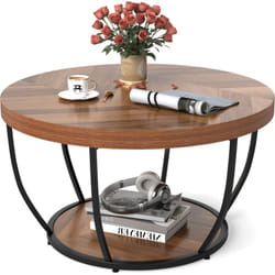 Costway - Table Basse Ronde 80 x 45cm à 2 Niveaux, Table de Cocktail avec Cadre en Métal, Table d'Appoint avec Plateau en Faux Bois, Charge 90KG, Café