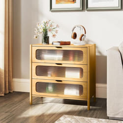 Commode Bois 3 Tiroirs, Commode Chambre Adulte en Bambou, Tiroirs en Verre Trempé Rayé, Buffet Cuisine Colonne, 80 x 40 x 78,5 cm