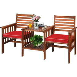 COSTWAY Salon de Jardin en Bois d’Acacia avec Table Basse 2 Chaises Charge 160KG, Ensemble de Meubles avec Coussin Trou de Parasol de 5CM, pour