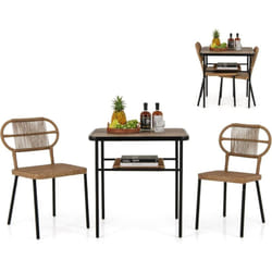Ensemble de Meubles 3 Pcs de Patio en Rotin Charge 180KG, Salon de Jardin 2 Chaises Empilables de Différentes Tailles et Table à Manger avec Etagère,