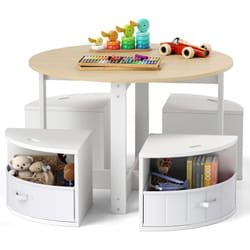 Costway - Table Enfant avec 4 Chaises Empilables, Table de Dessin en Bois avec 4 Tiroirs en Tissu Pliable, Table d'Activité Ronde pour Salle de Jeux