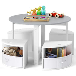 Costway - Table Enfant avec 4 Chaises Empilables, Table de Dessin en Bois avec 4 Tiroirs en Tissu Pliable, Table d'Activité Ronde pour Salle de Jeux