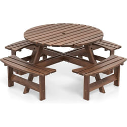 COSTWAY Ensemble Table de Pique-Nique en Bois pour 2 à 8 Personnes, Set Table et Banc Jardin Circulaire avec 4 Bancs Intégrés Trou de Parasol de 5