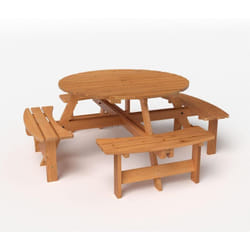 COSTWAY Ensemble Table de Pique-Nique en Bois pour 2 à 8 Personnes, Set Table et Banc Jardin Circulaire avec 4 Bancs Intégrés Trou de Parasol de 5