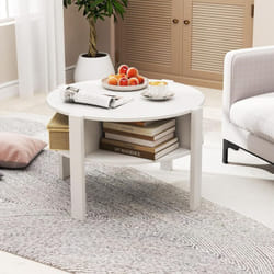 Costway - Table Basse Ronde 2 Niveaux, Table Ronde Bois avec Rangement, 4 Compartiments, Design Compact, pour Salon, Chambre (Blanc)