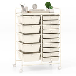 Chariot de Rangement 15 Tiroirs en PP, Tour de Rangement à Roulette, Cadre en Métal, pour École, Bureau, 63x37x87cm,Blanc