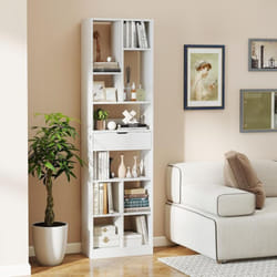 Bibliothèque 180 cm avec Tiroir, Etagère Moderne à 10 Compartiments, Bibliothèque de Cloison Meuble de Rangement Anti-Basculement, Blanc