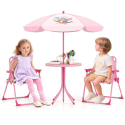 Costway - Salon de Jardin 4 Pièces pour Enfants de 3 à 6 Ans, Table + Parasol Réglable en Hauteur + 2 Chaises Pliantes, Rose