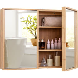 Costway - Armoire Murale de Salle de Bain avec Miroir 65 x 14 x 50,5 cm, Armoire Médicale à Double Porte en Bambou avec 2 Étagères Ajustables