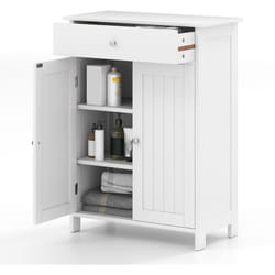 Armoire de Sol pour Salle de Bain, Organisateur de Rangement Autonome avec 2 Portes, 1 Tiroir et 1 Étagère Ajustable, Blanc