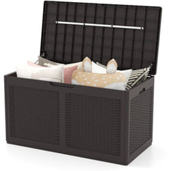 Coffre de Terrasse en Résine 380 l, Banc de Rangement Étanche d'Extérieur avec Couvercle Verrouillable et Roues pour Outils de Jardin, Marron