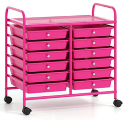 Chariot de Rangement à roulettes 12 Tiroirs en pp, Tour de Rangement avec Tablette, Roues Universelles, Cadre en Métal (Rose Bonbon)