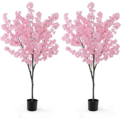 Plante Artificielle en Pot Ciment 190CM avec 900 Fleurs Roses, Fausse Cerisier avec Troncs de PE Simulés, Décoration Moderne pour Salon Bureau