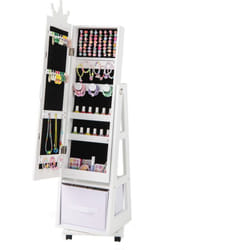 Armoire à Bijoux, Miroir sur Pied avec Base Pivotante, Roulettes Universelles Verrouillables, Miroir de Maquillage avec Rangement pour Enfant