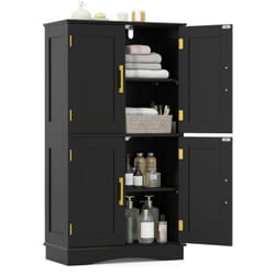 Meuble de Rangement de Salle de Bain, Garde-manger Autoportant de 110 cm avec 4 Portes et 2 Étagères Réglables, Noir