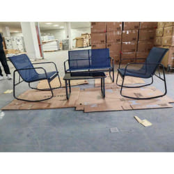Costway - Salon de Jardin 4 Pièces avec Chaises à Bascule Table en Verre et Causeuse, Cadre Métallique Charge 150KG, Bleu