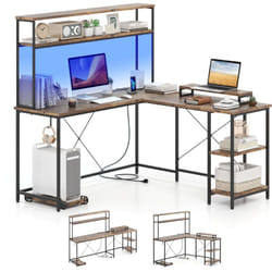 Costway - Bureau d'Ordinateur Reversible en Forme de l avec Bande led et Prises de Courant, Support pour Écran & cpu, Crochet pour Casque, Marron