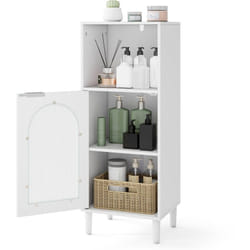 Meuble de Salle de Bain, Rangement en Bois avec Étagère Réglable, Porte en Verre Trempé, Anti-basculement et Pieds en Bois Massif, pour Salon, Blanc