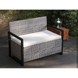 Costway - Banc de Patio avec Rangement Intégré & Coussin, Canapé-Lit d'Extérieur en Rotin, Cadre Métallique & Doublure Protectrice, 62x117x85CM, Gris