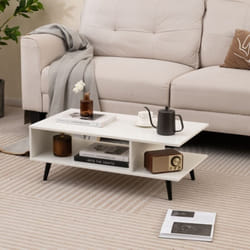 Costway - Table Basse avec Rangement à 2 Niveaux, Table d'Appoint avec Étagère Ouverte, Pieds en Métal pour Salon, 80 x 45 x 30 cm, Blanc