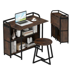Costway - Bureau Pliable avec Tabouret, Ensemble de Bureau et Tabouret Portable avec Étagères de Rangement, Prises ac, Port usb & Type-C, Marron