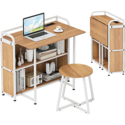 Costway - Bureau Pliable avec Tabouret, Ensemble de Bureau et Tabouret Portable avec Étagères de Rangement, Prises ac, Port usb & Type-C, Naturel
