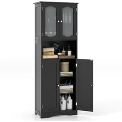 Meuble de Salle de Bain à 4 Portes et 1 Grand Compartiment Ouverte, Armoire Haute avec Porte en Verre Dépoli, Colonne Salle de Bain, 30 x 60 x 164 cm