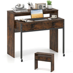 Bureau Extensible, Table d'Ordinateur Gain de Place avec Tiroirs, Bureau Console en Bois Compacte avec Roulettes pour Salon, Chambre, Marron Rustique