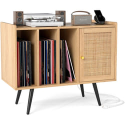 Buffet pour Tourne-disque avec Station de Charge, Étagères et Tablette Réglable, pour 220 Albums, Présentoir pour Vinyles, 80 x 40 x 65 cm, Naturel