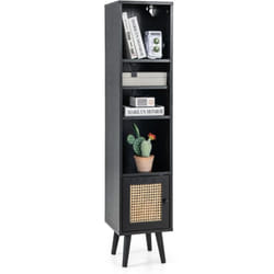 Meuble Colonne de Rangement avec Porte Rotin et Pieds en Bois Massif, 29,5x29,5x137cm, Noir