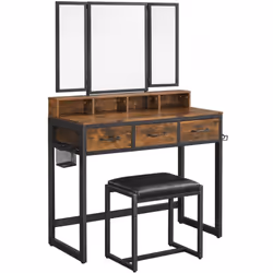 Caractéristiques produit: Console maquillage brun rustique et noir. Tabouret inclus 3 tiroirs et 4 niches de rangement Miroir ...