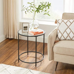 Table d'Appoint Ronde, Dessus en Verre Trempé, Cadre en Métal, Bout de Canapé, Table Console, Table de Chevet, pour Salon, Balcon, Noir LGT020B01