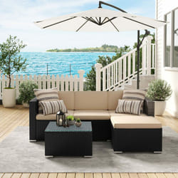 Salon de Jardin Extérieur, Ensemble de Mobilier, Surface Tressée en pe résine Tissé à la Main, Canapé d'Angle, avec Coussins, Dessus de Table en