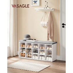 Vasagle - Banc Chaussures, Meuble Chaussures Entrée, Banc Rangement avec 15 Compartiments, Siège Rembourré, Capacité de Charge 200 kg, Blanc et Gris