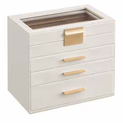 Caractéristiques produits : En MDF, cuir PU (simili cuir) et tissu velours. Couvercle vitré. Coloris blanc et finitions dorée ...