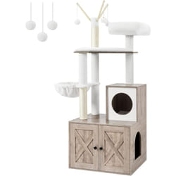 Arbre à Chat avec Litière, Griffoir Moderne 2-en-1, Cache-litière, Maison pour Chat avec Griffoirs, Bâtons avec Pompons Amovibles, Grège - Feandrea