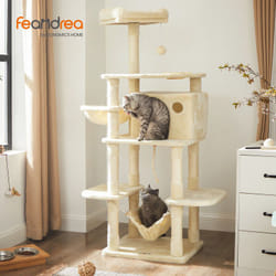 Arbre à chat Hauteur de 164cm Multi-niveaux Avec bol, panier, niche Maison de jeu Meubles pour chatons, chats et félins, Beige - Feandrea