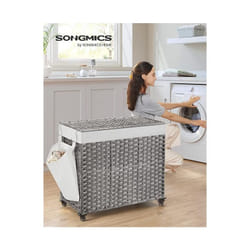 Songmics - Panier à Linge avec Couvercle, 160L, Corbeille Linge Sale Tressé, avec Roulettes, 3 Compartiments, Sac Intérieur Amovible, pour Buanderie,