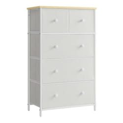Songmics - Commode avec 5 Tiroirs en Tissu, Style Industriel, Meuble de Rangement, 56 x 30 x 93 cm, Blanc et Couleur Boisée