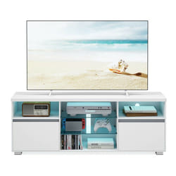 Songmics - vasagle Meuble tv avec led, Table Télé Moderne pour les Téléviseurs jusqu'à 70 Pouces, avec Étagères Ouvertes en Verre, 2 Placards avec