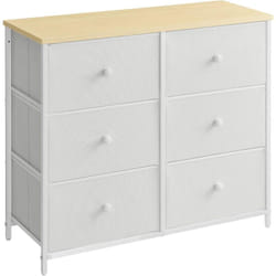 Commode avec 6 Tiroirs en Tissu, 80 x 30 x 71 cm, Style Industriel, Cadre en Acier, Plateau, pour Chambre, Entrée, Couloir, Blanc et Couleur Boisée