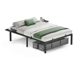 Lit Double 140 x 190 cm, Lit 2 Personnes, Cadre de Lit en Métal avec Étagères de Rangement, Noir Classique - Vasagle