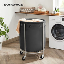 Songmics - Panier à Linge avec Roulettes, 170 l, Chariot Linge Sale, Corbeille, Bac, Rond, avec Cadre en Acier et Sac Amovible, 4 Roulettes et 2