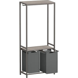 Panier à Linge Double, Corbeille Linge Sale, avec 2 Étagères de Rangement, Barre de Suspension, 2 Sacs Amovibles, 2 x 46 l, 73 x 33 x 177 cm, Grège