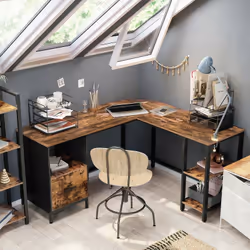 Description générale Embellissez votre espace de travail à domicile avec ce bureau en forme de L, au design brun rustique et  ...