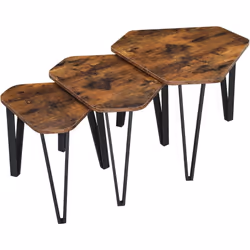 Description générale Ce lot de 3 tables gigognes au charme rustique combine des plateaux en brun rustique et des cadres en ac ...